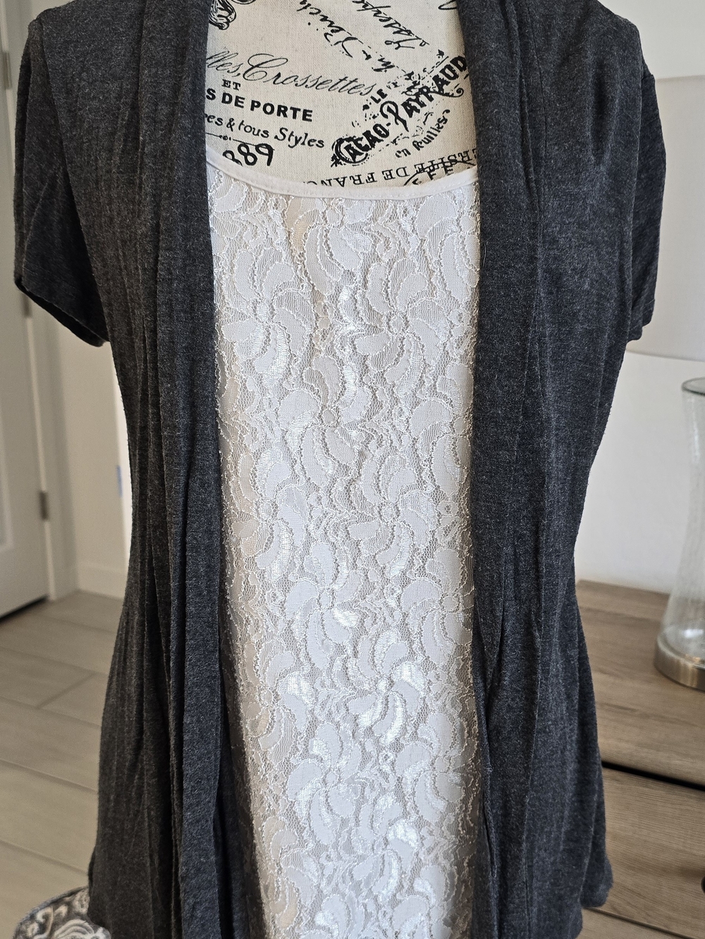 Lavish Charcoal Gray Open Cardigan with White Lace Tank